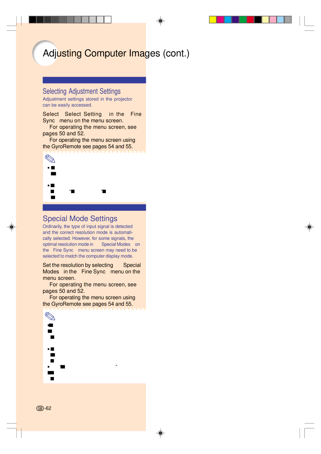 Sharp PG-M25X operation manual Selecting Adjustment Settings, Special Mode Settings 