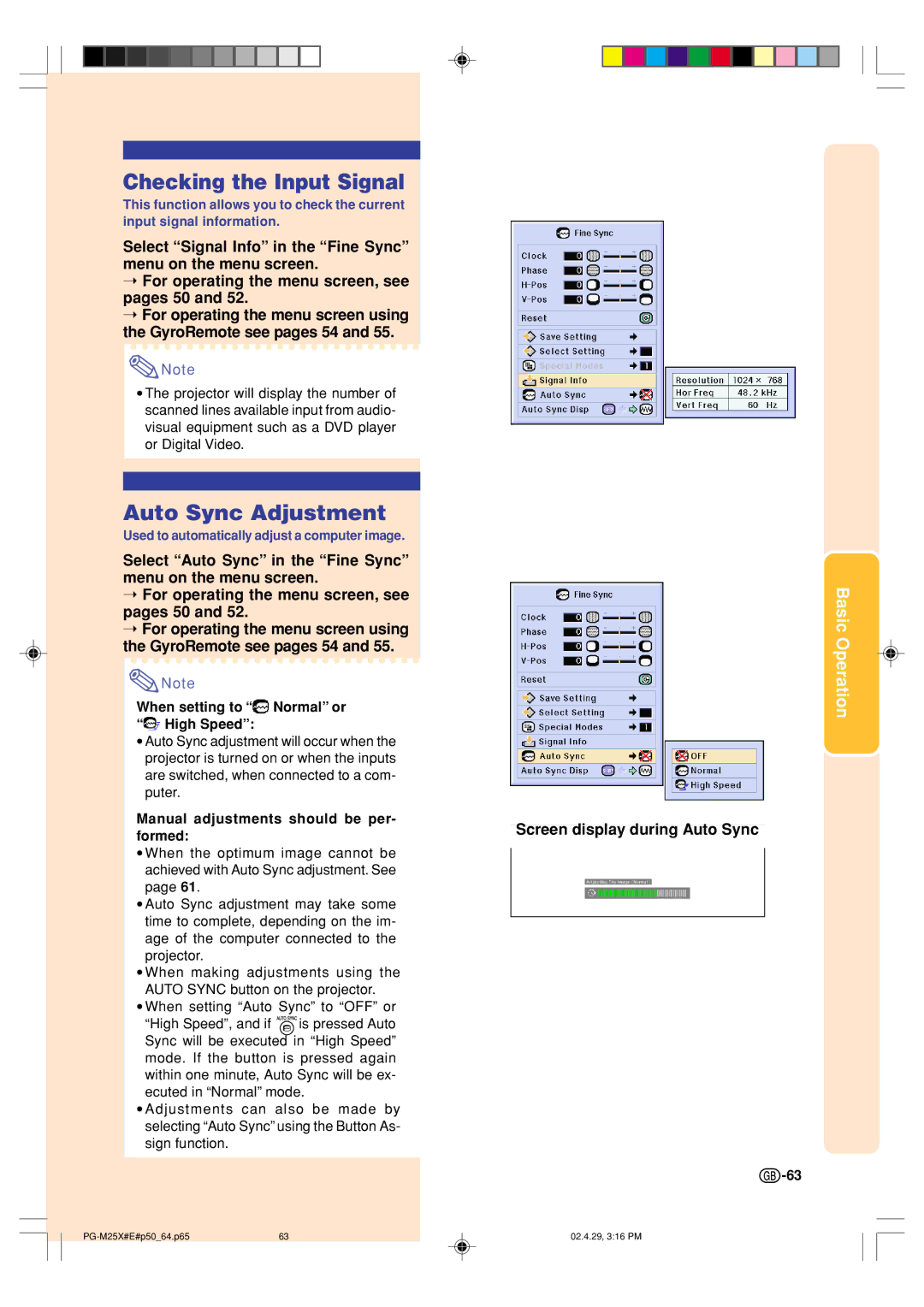 Sharp PG-M25X operation manual Checking the Input Signal, Auto Sync Adjustment, Screen display during Auto Sync 