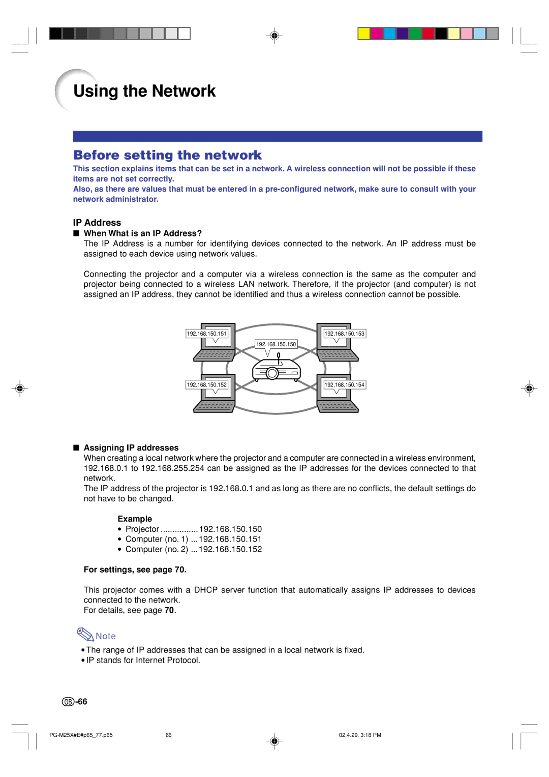 Sharp PG-M25X operation manual Using the Network, Before setting the network, IP Address 