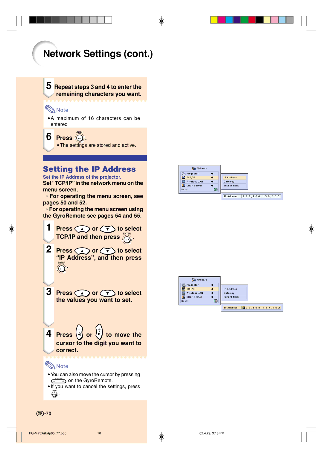 Sharp PG-M25X operation manual Setting the IP Address 