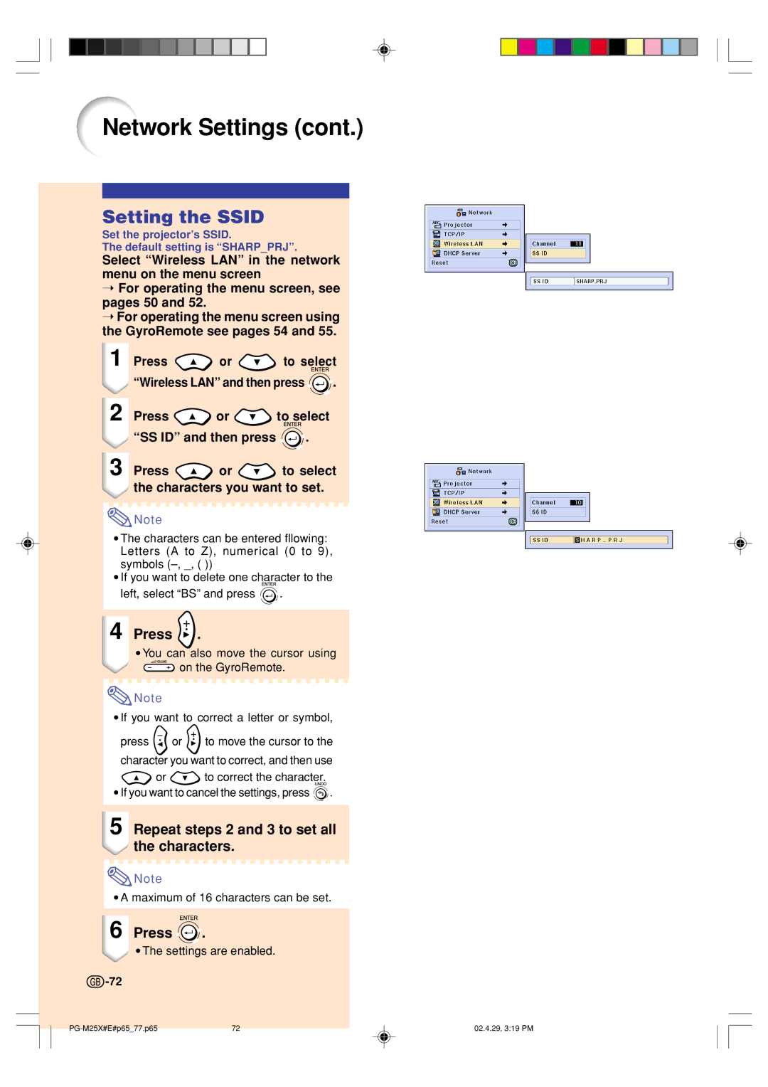 Sharp PG-M25X operation manual Setting the Ssid, Repeat steps 2 and 3 to set all the characters 