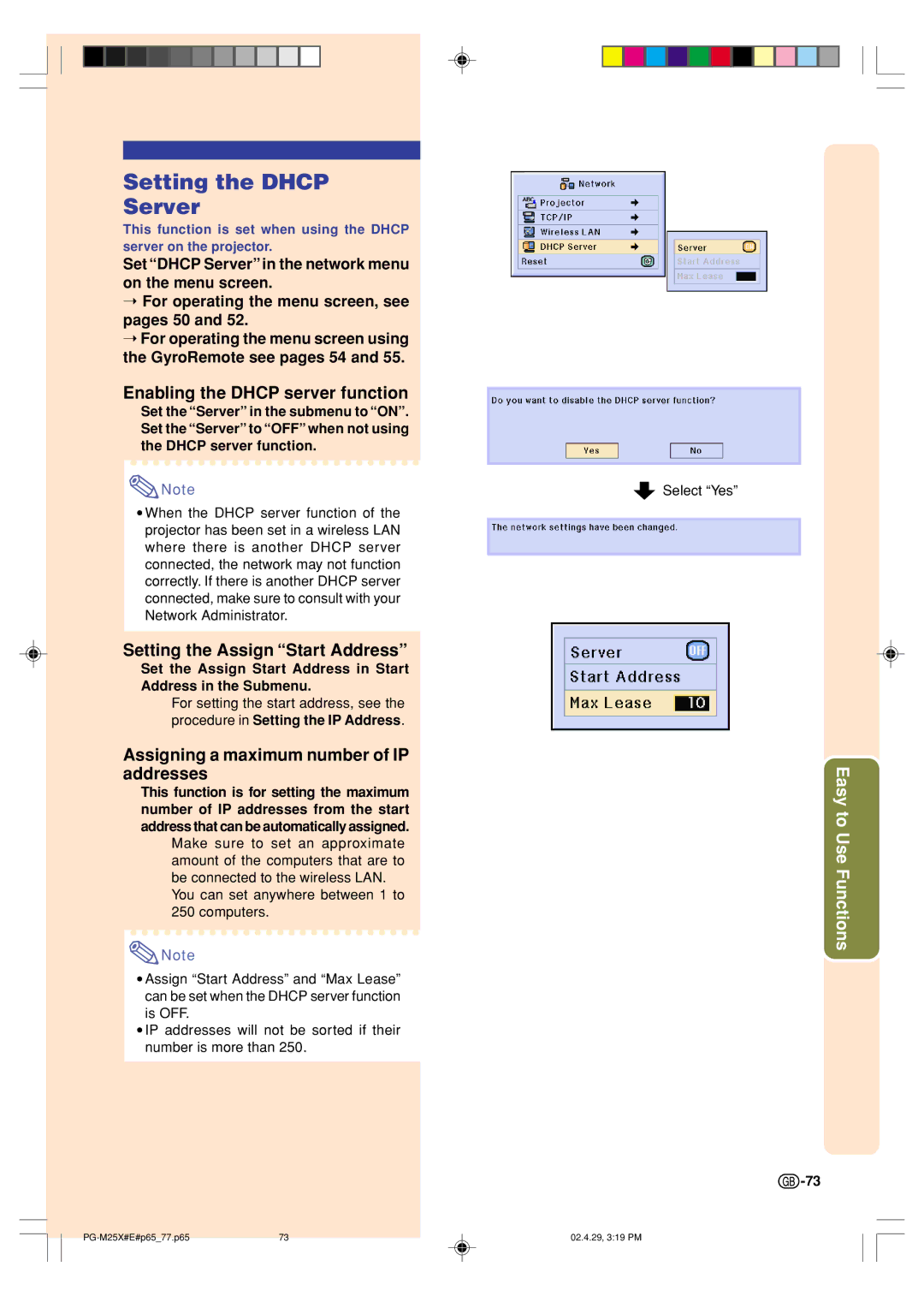 Sharp PG-M25X operation manual Setting the Dhcp Server, Enabling the Dhcp server function, Setting the Assign Start Address 