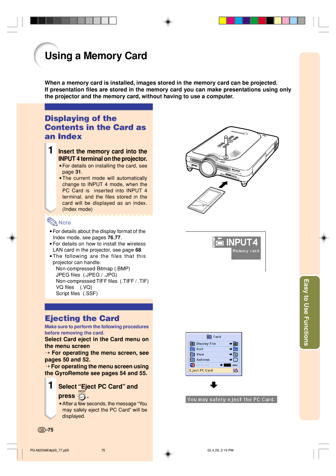 Sharp PG-M25X operation manual Using a Memory Card, Displaying Contents in the Card as An Index 