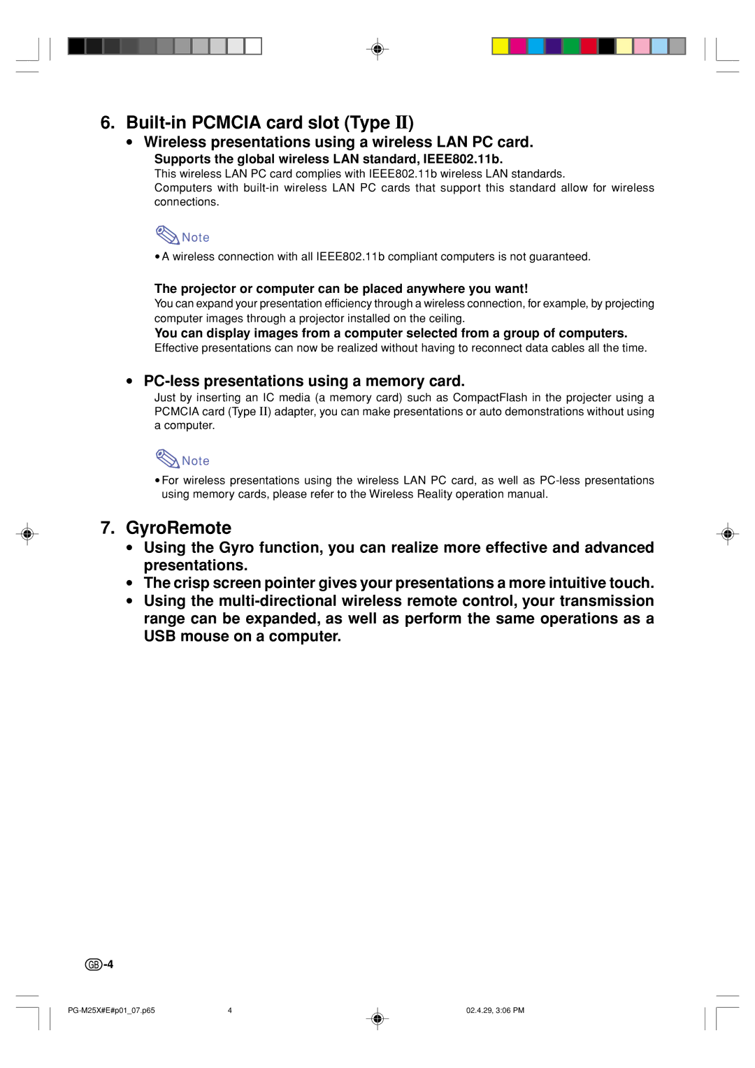 Sharp PG-M25X operation manual Supports the global wireless LAN standard, IEEE802.11b 