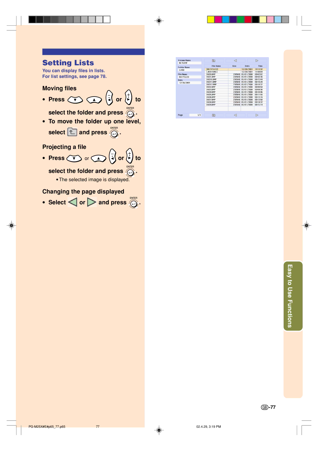 Sharp PG-M25X operation manual Setting Lists, Selected image is displayed 