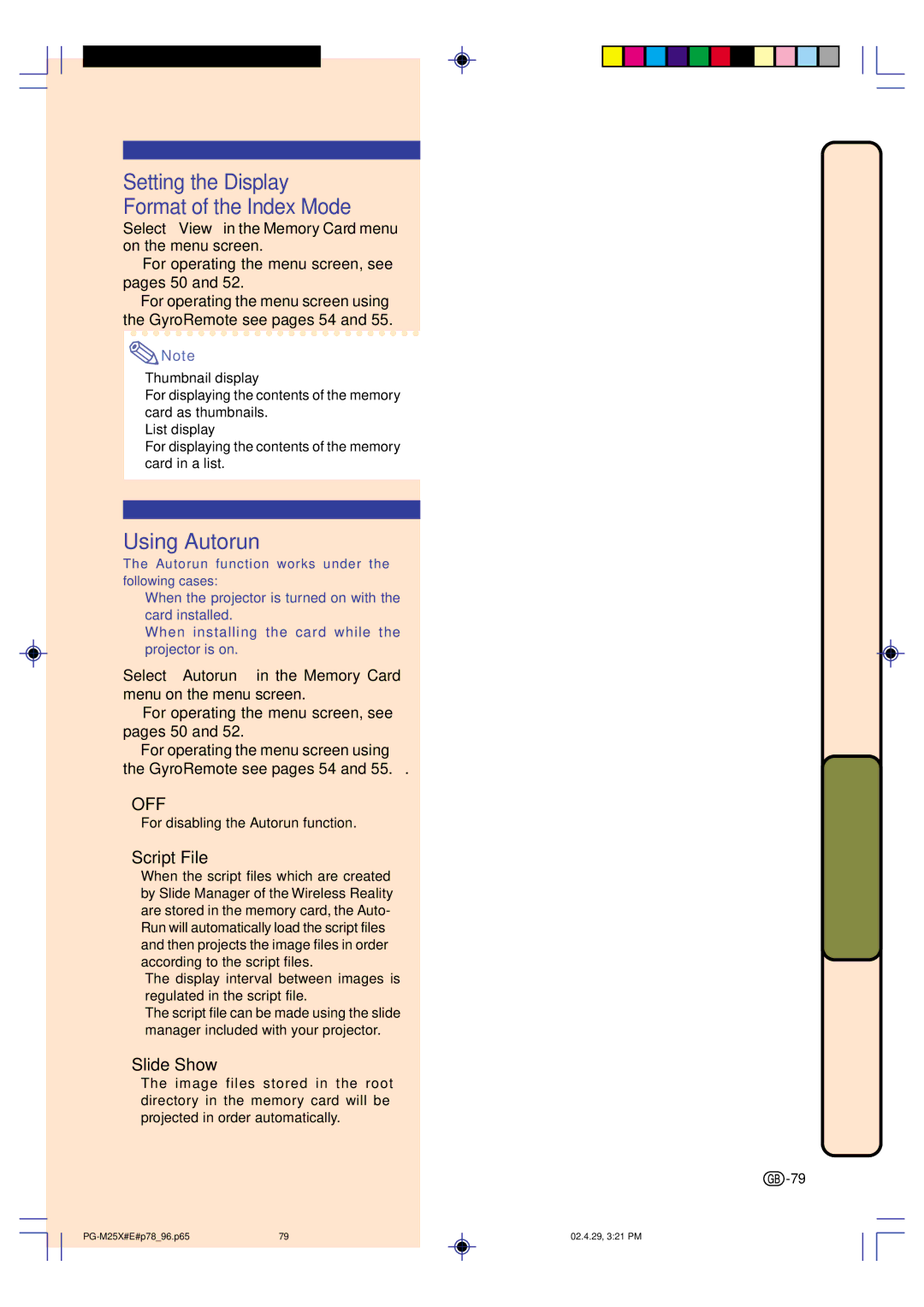 Sharp PG-M25X operation manual Setting the Display Format of the Index Mode, Using Autorun, Script File, Slide Show 