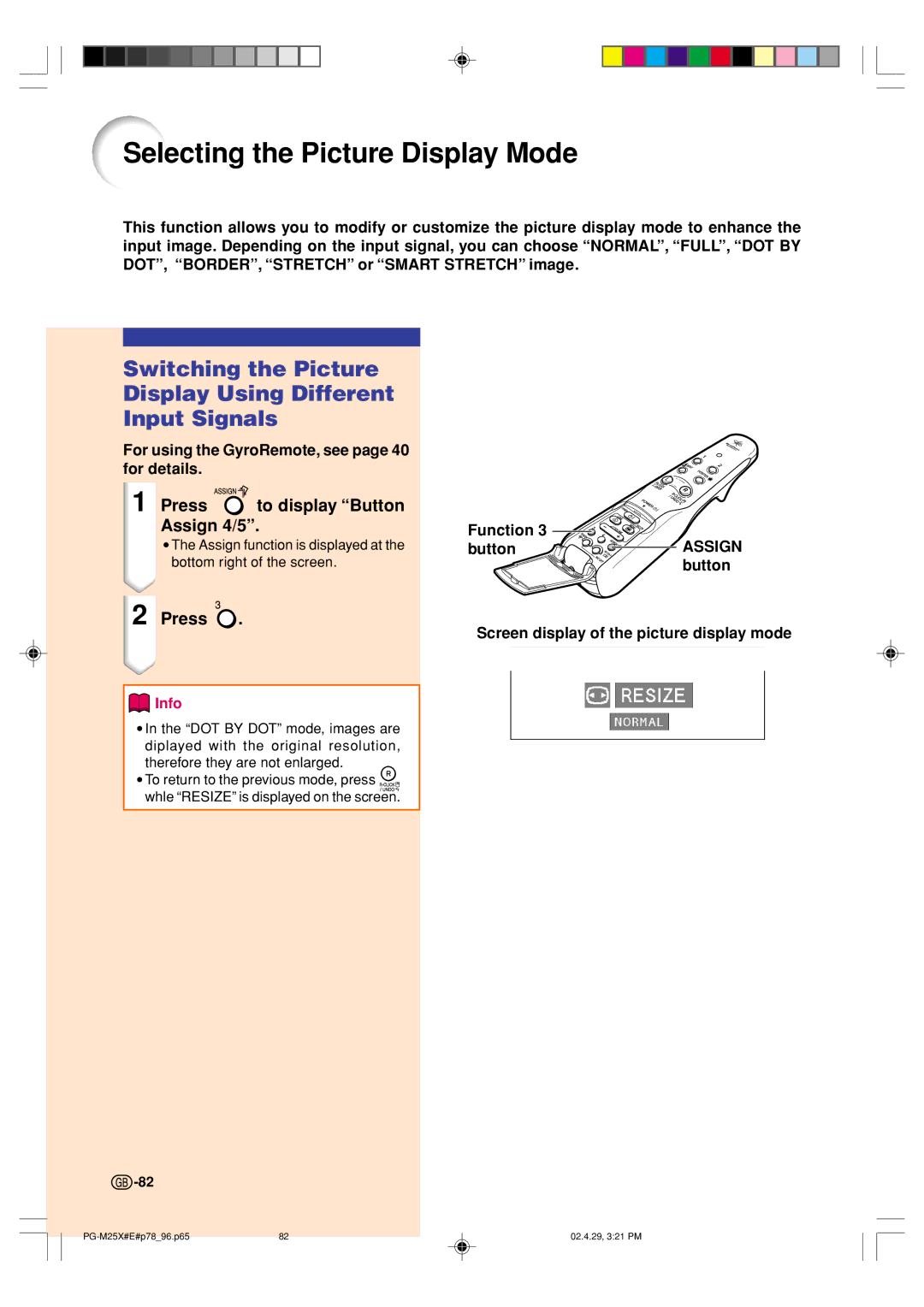 Sharp PG-M25X Selecting the Picture Display Mode, Switching the Picture Display Using Different Input Signals 