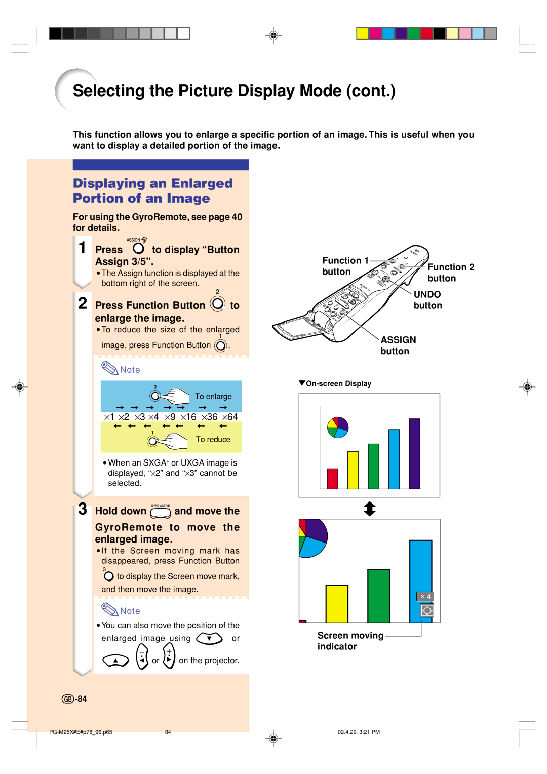 Sharp PG-M25X operation manual Displaying an Enlarged Portion of an Image, Press to display Button Assign 3/5 