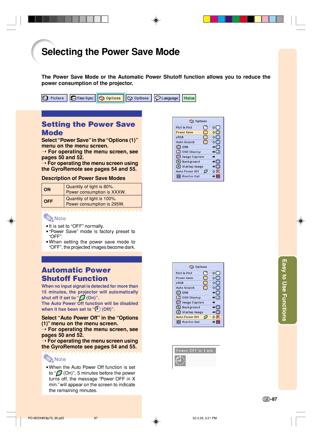 Sharp PG-M25X operation manual Selecting the Power Save Mode, Setting the Power Save Mode, Automatic Power Shutoff Function 