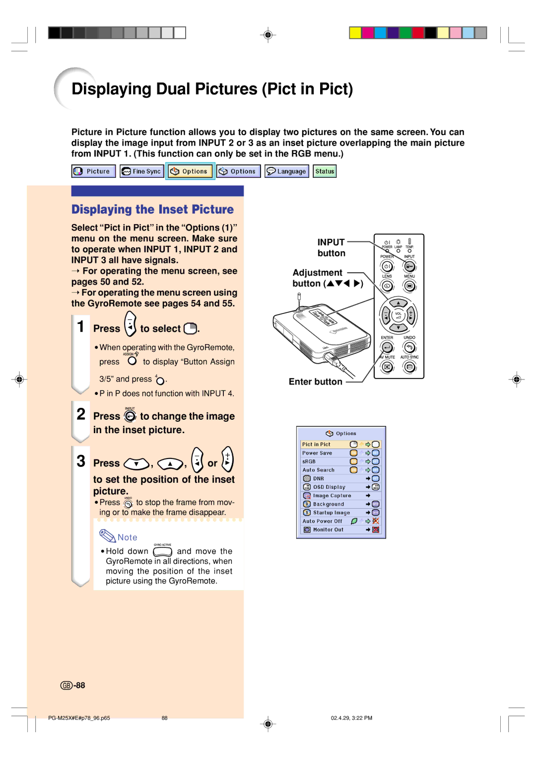 Sharp PG-M25X operation manual Displaying Dual Pictures Pict in Pict, Displaying the Inset Picture, Press To select 