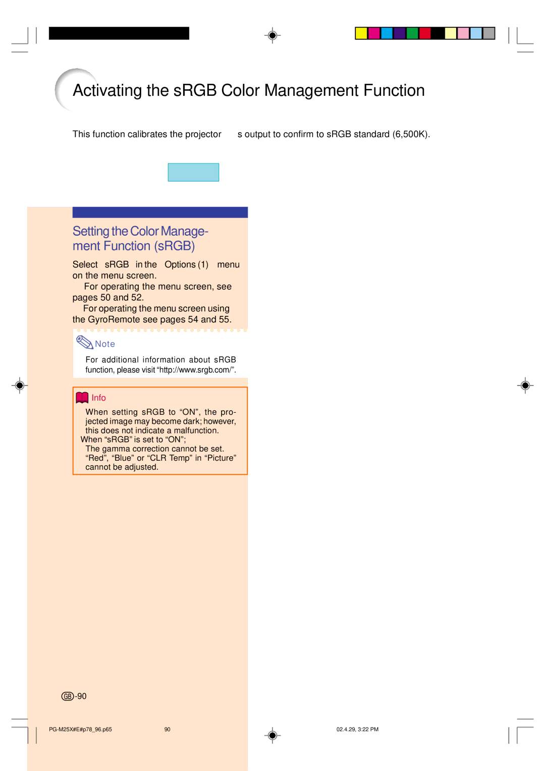 Sharp PG-M25X operation manual Activating the sRGB Color Management Function, Setting the Color Manage- ment Function sRGB 