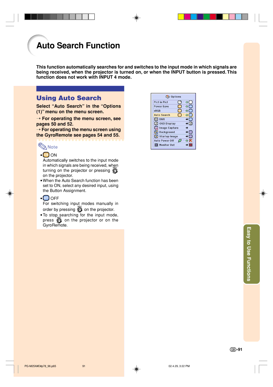 Sharp PG-M25X operation manual Auto Search Function, Using Auto Search 