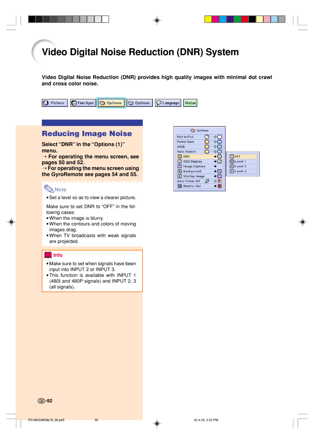 Sharp PG-M25X operation manual Video Digital Noise Reduction DNR System, Reducing Image Noise 