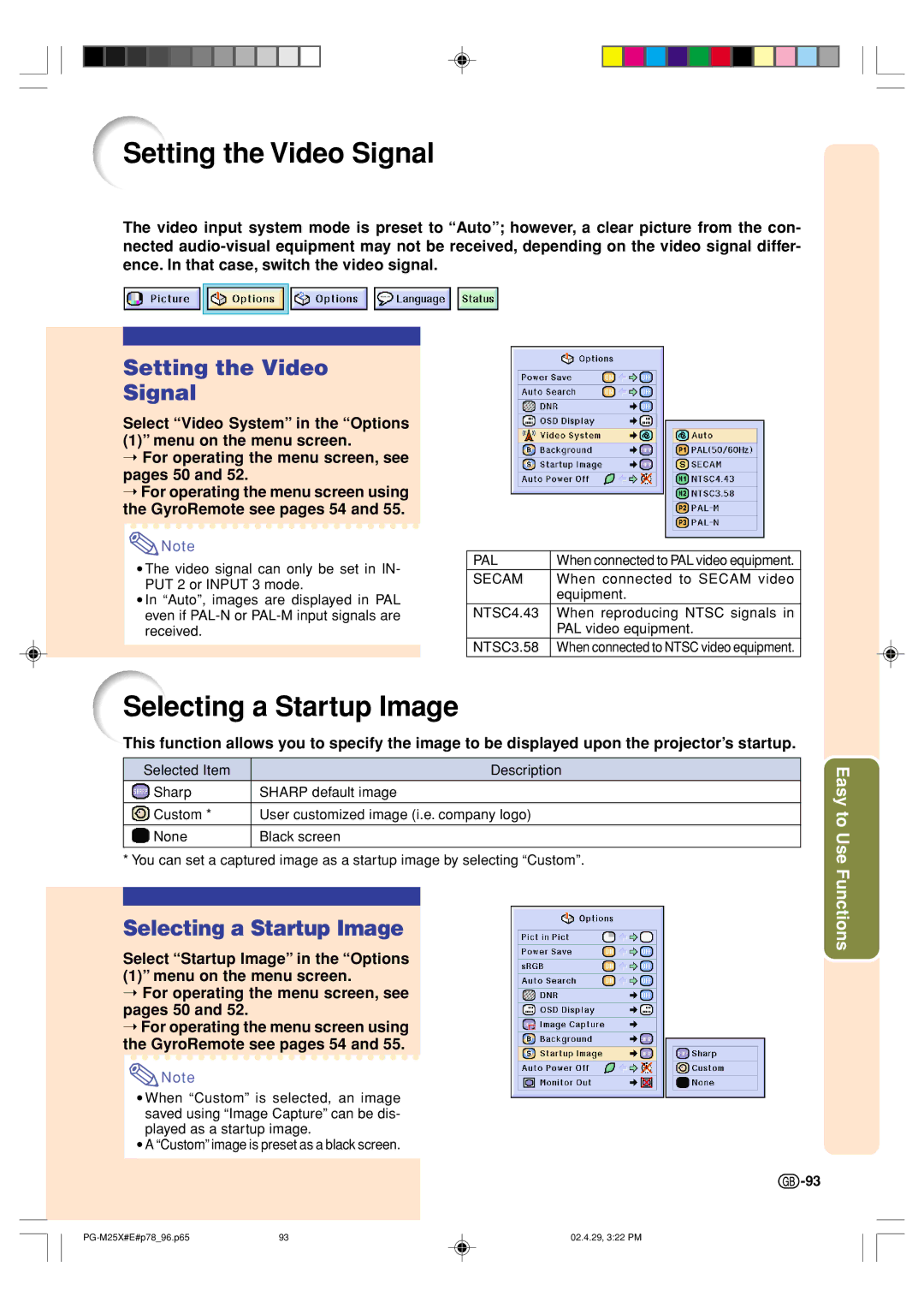 Sharp PG-M25X operation manual Setting the Video Signal, Selecting a Startup Image 