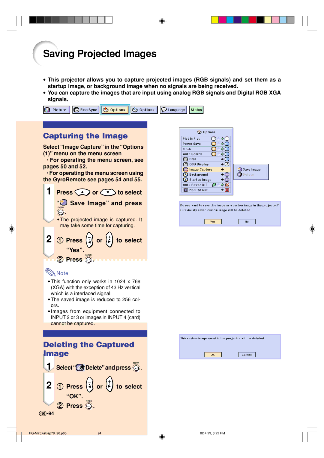 Sharp PG-M25X operation manual Saving Projected Images, Capturing the Image, Deleting the Captured Image 