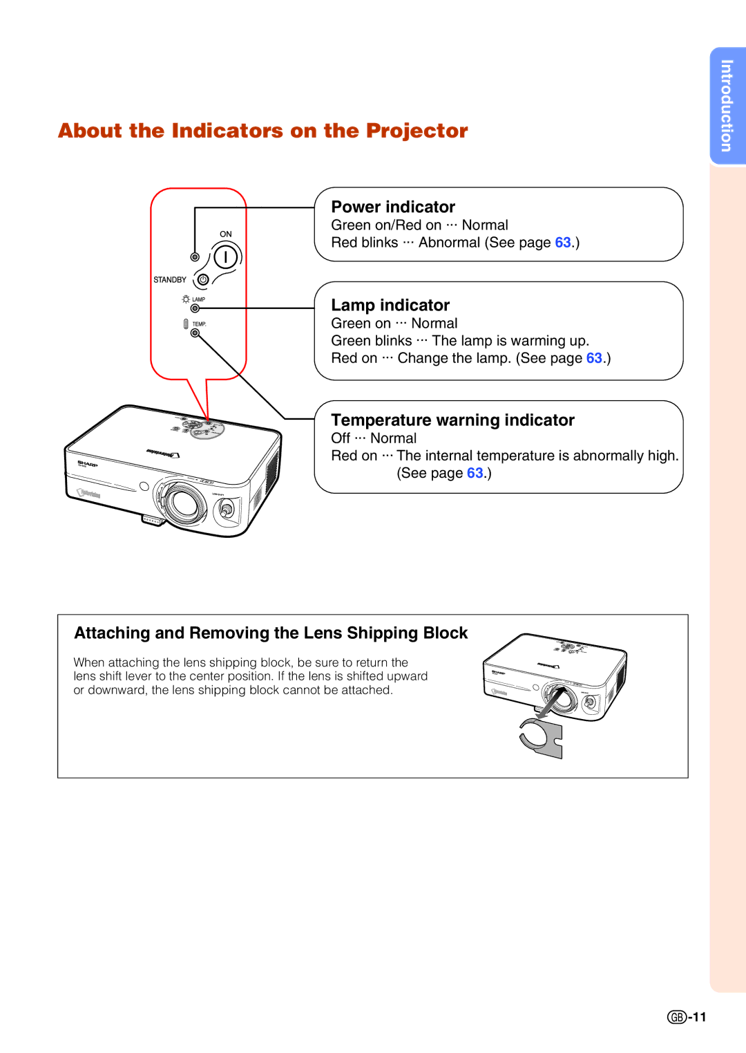 Sharp PGB10S About the Indicators on the Projector, Power indicator, Lamp indicator, Temperature warning indicator 