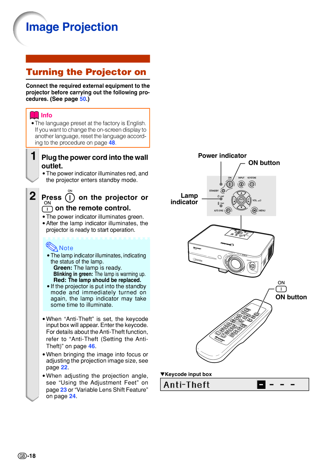 Sharp PGB10S operation manual Image Projection, Turning the Projector on, Plug the power cord into the wall outlet 