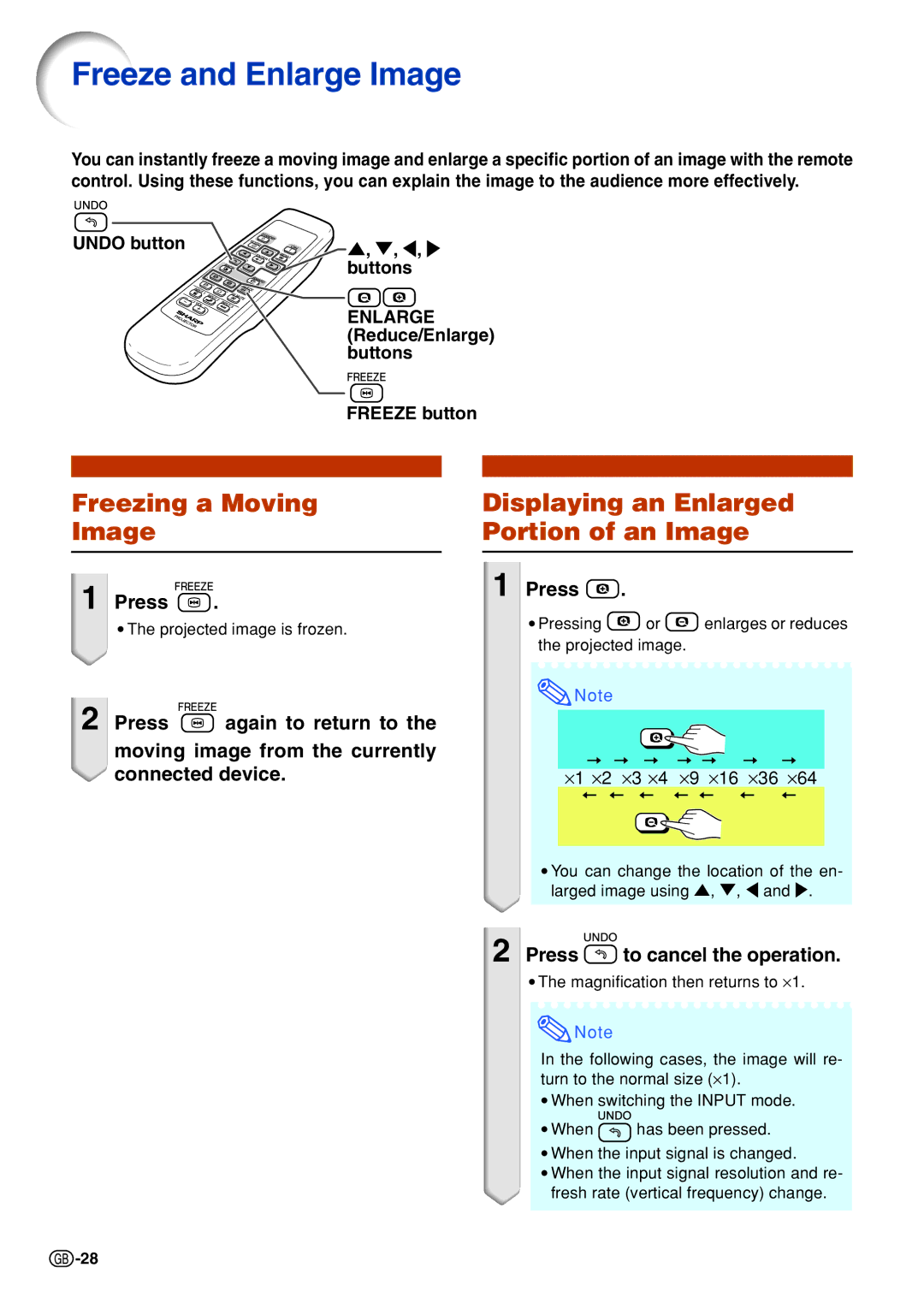 Sharp PGB10S operation manual Freeze and Enlarge Image, Press to cancel the operation, × 1 × 2 × 3 × 4 × 9 × 16 × 36 × 