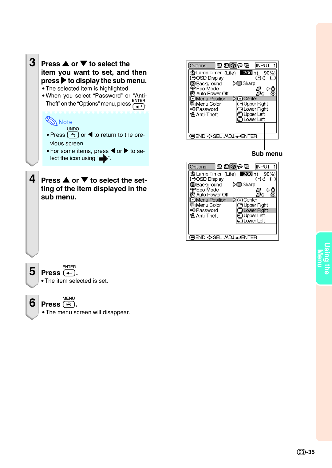 Sharp PGB10S operation manual Sub menu 