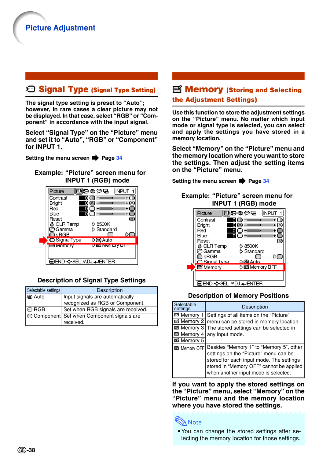 Sharp PGB10S operation manual Signal Type Signal Type Setting, Memory Storing and Selecting the Adjustment Settings 