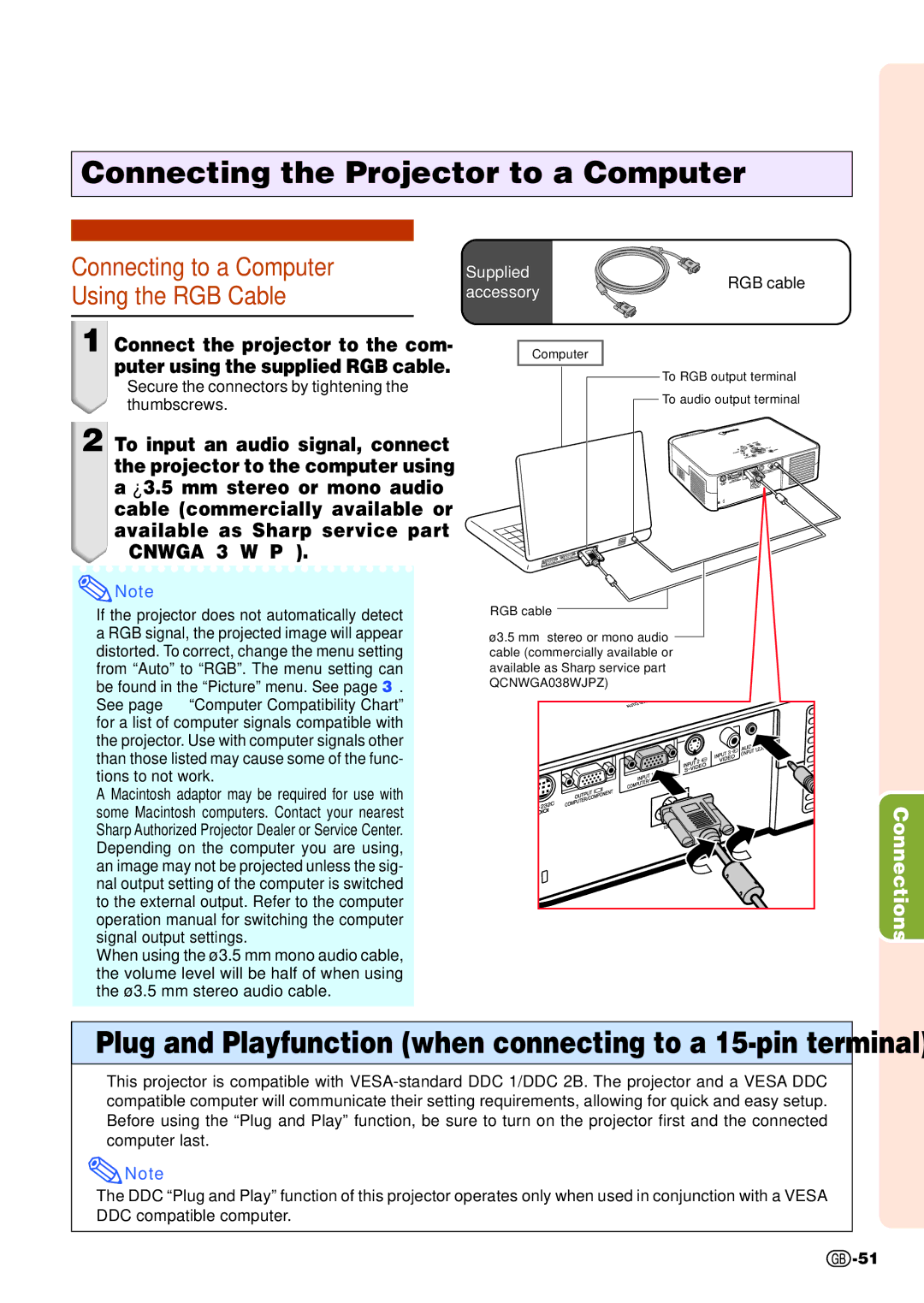 Sharp PGB10S operation manual Connecting the Projector to a Computer, Connecting to a Computer Using the RGB Cable 