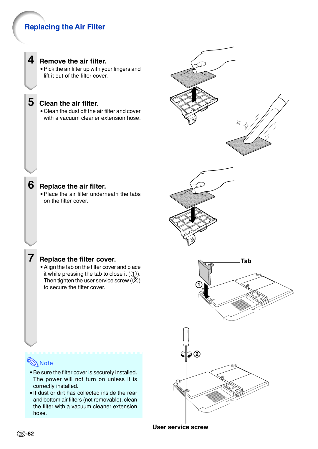 Sharp PGB10S operation manual Remove the air filter, Clean the air filter, Replace the air filter, Replace the filter cover 