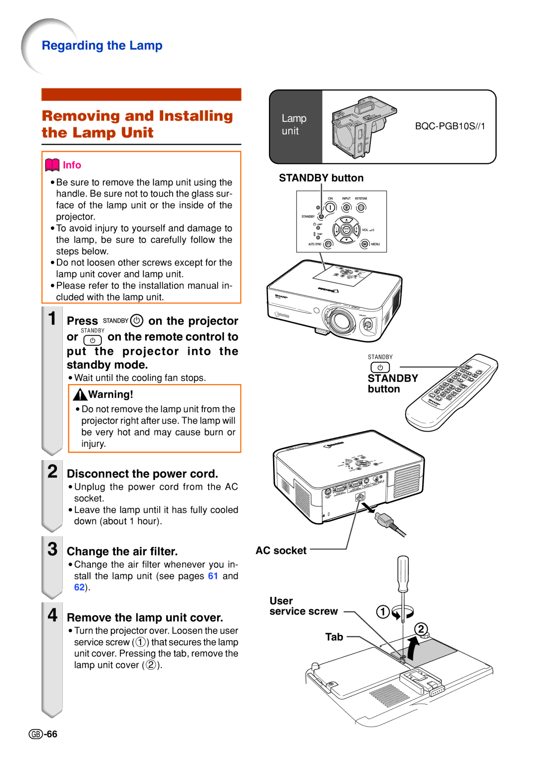 Sharp PGB10S operation manual Removing and Installing the Lamp Unit, Change the air filter, Remove the lamp unit cover 