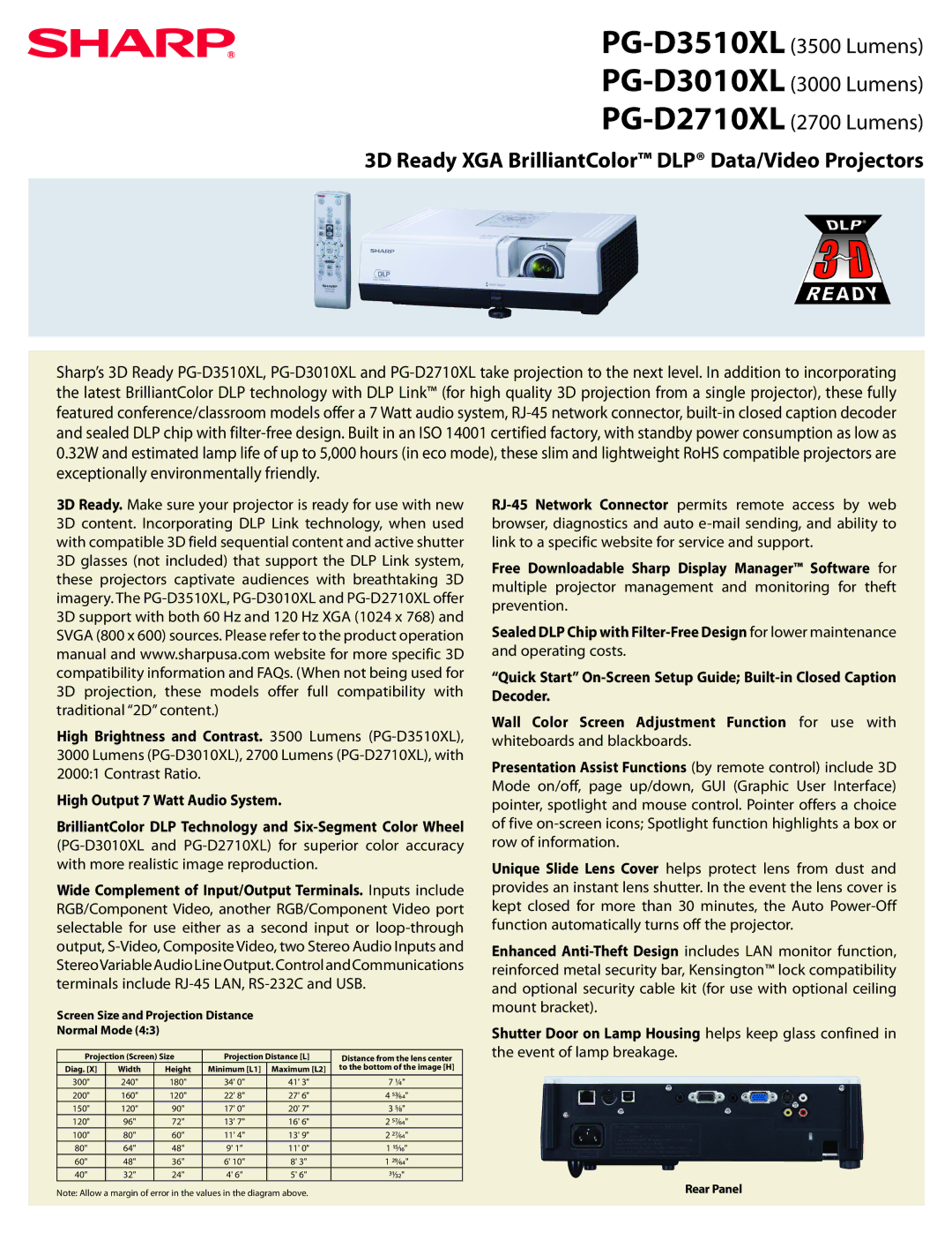 Sharp PG-D3510XL, PGD3510XL operation manual 3D Ready XGA BrilliantColor DLP Data/Video Projectors 