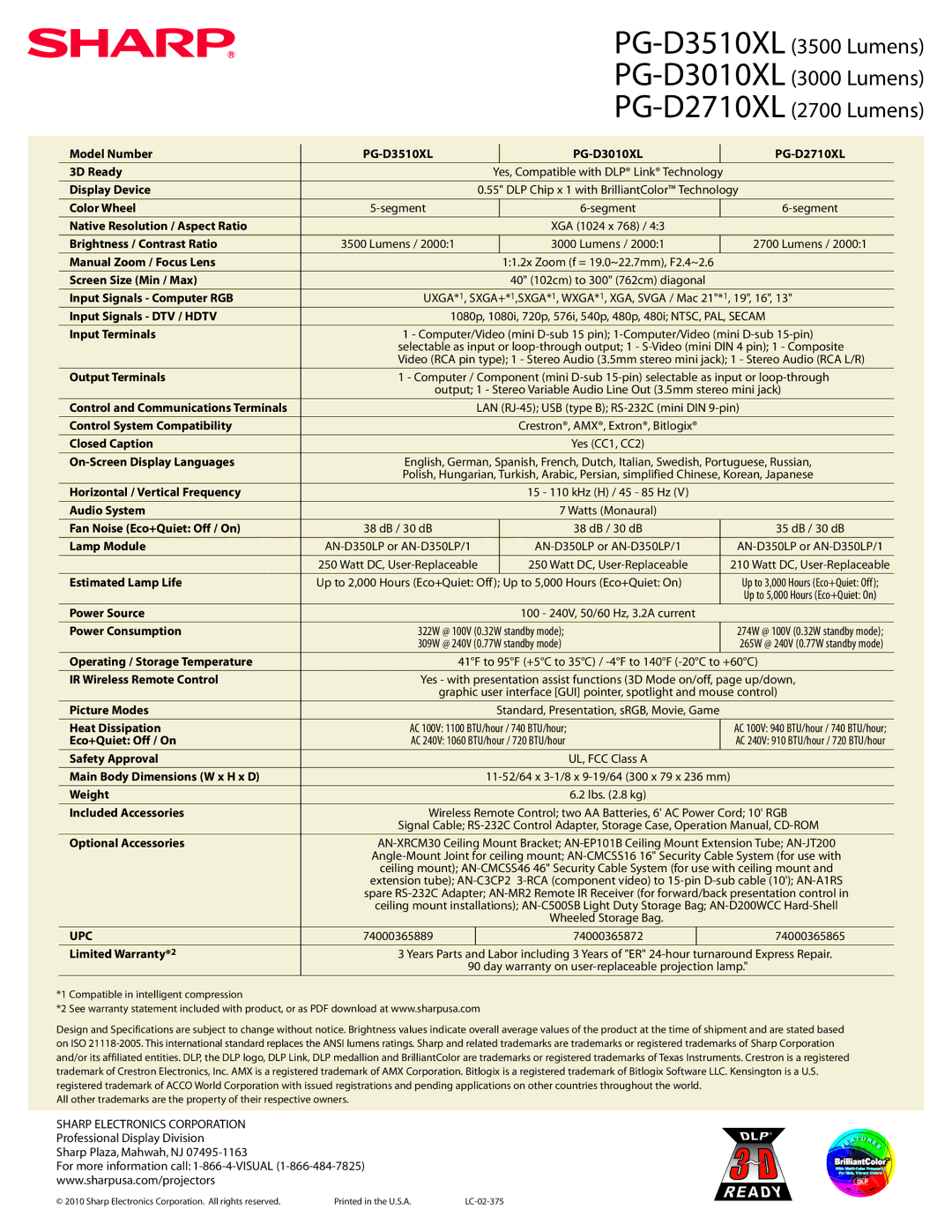 Sharp PGD3510XL Model Number PG-D3510XL PG-D3010XL PG-D2710XL 3D Ready, Display Device, Color Wheel, Screen Size Min / Max 