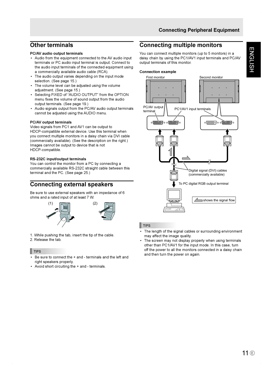 Sharp PN-465E operation manual 11 E, Other terminals, Connecting external speakers, Connecting multiple monitors 