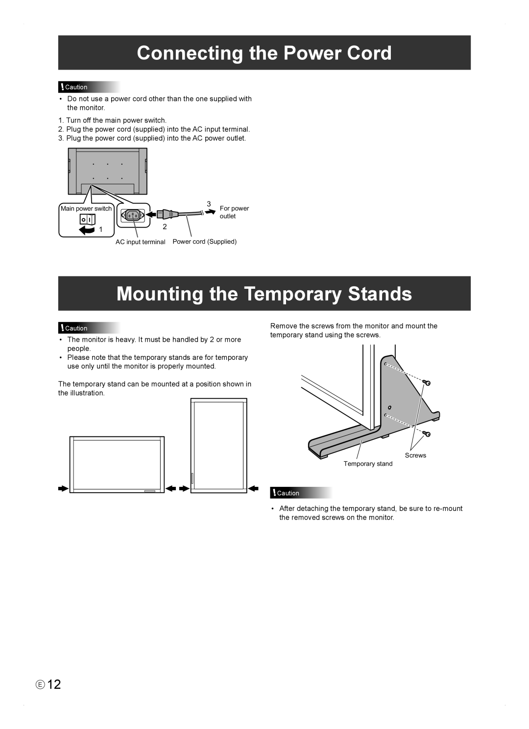 Sharp PN-465E operation manual Connecting the Power Cord, Mounting the Temporary Stands 