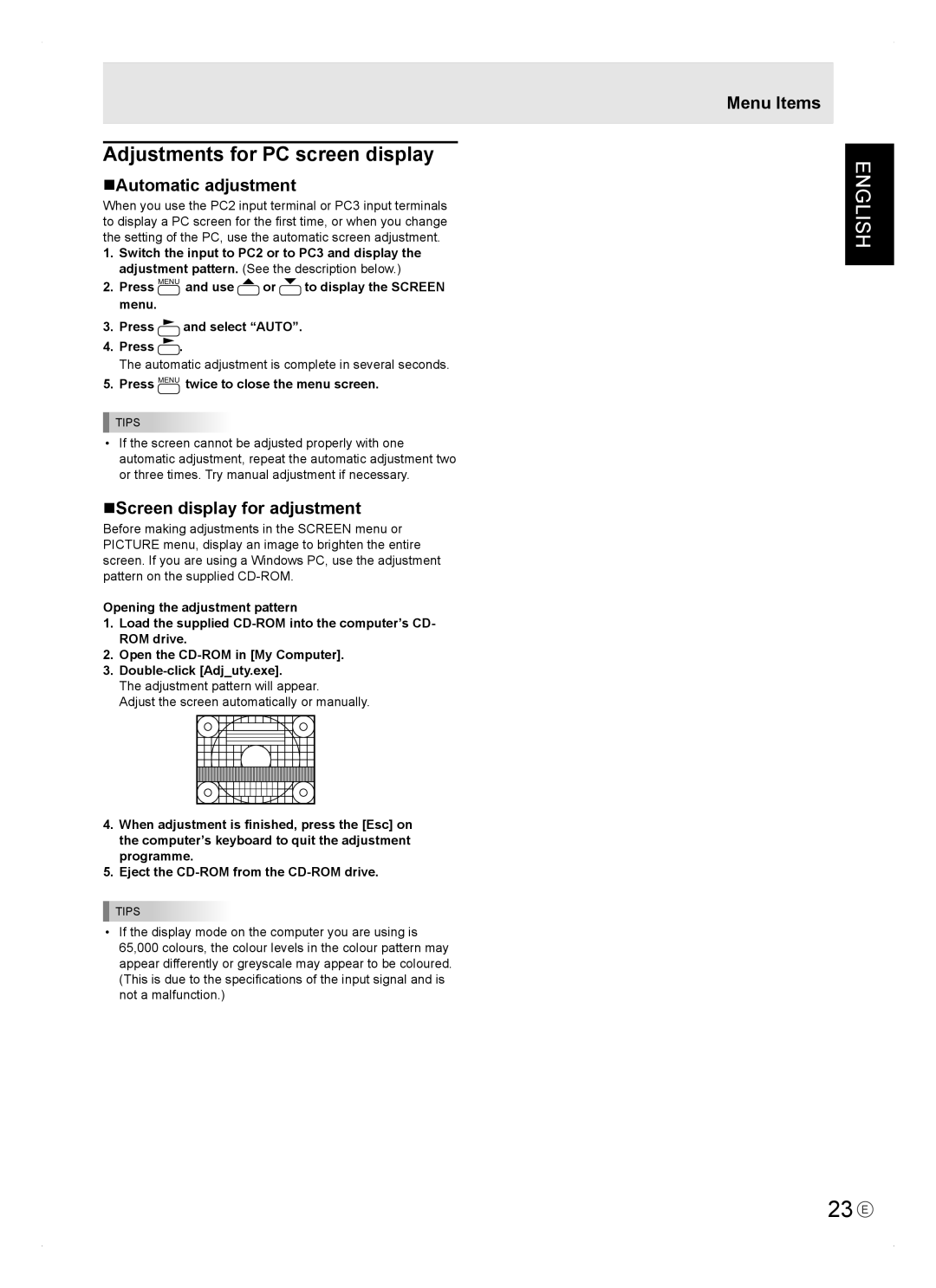 Sharp PN-465E 23 E, Adjustments for PC screen display, Automatic adjustment, Screen display for adjustment 