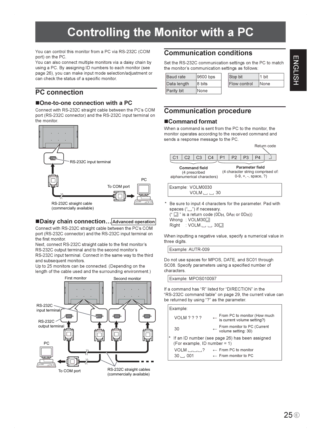 Sharp PN-465E Controlling the Monitor with a PC, 25 E, PC connection, Communication conditions, Communication procedure 