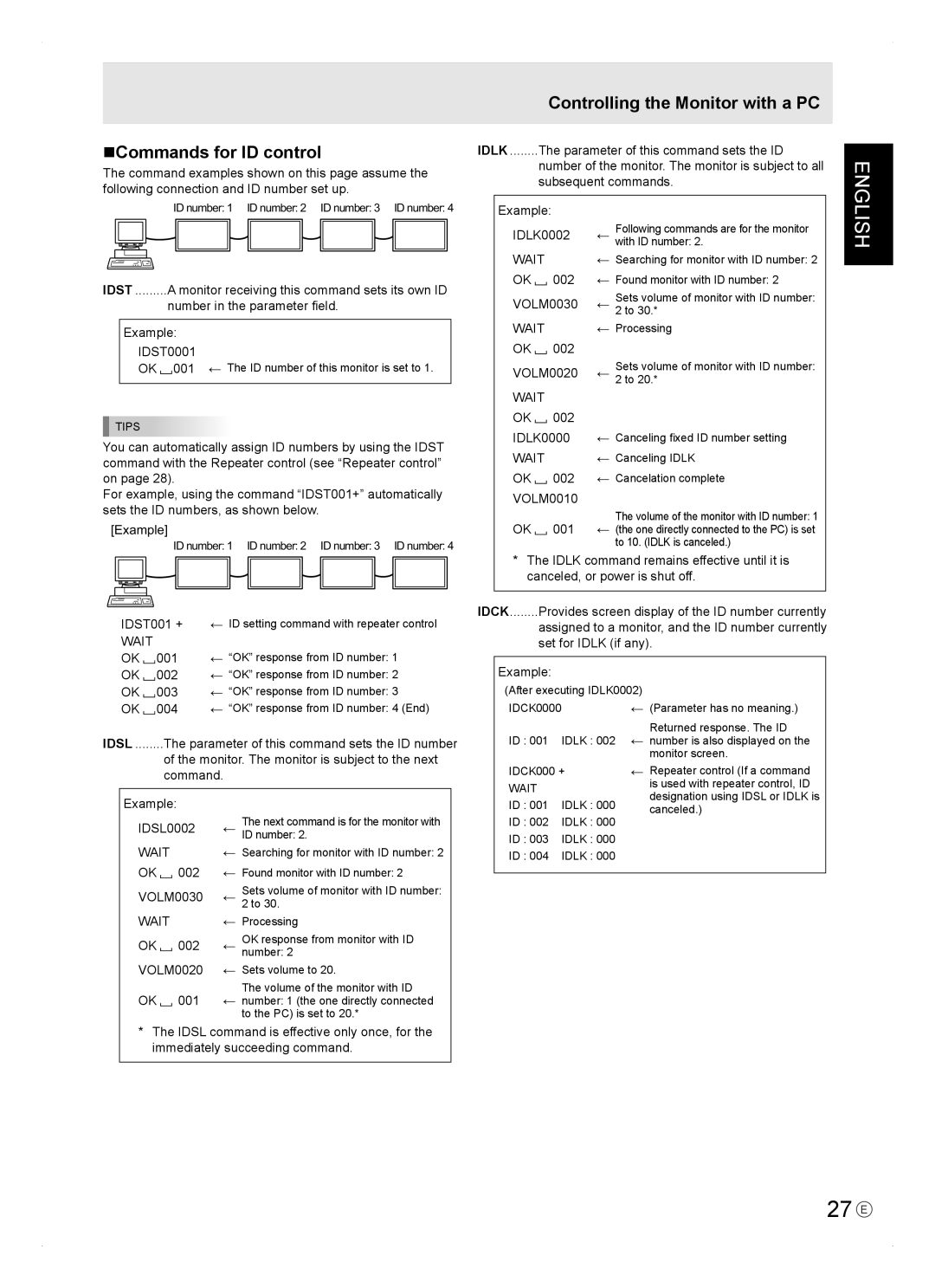 Sharp PN-465E operation manual 27 E, Commands for ID control, Controlling the Monitor with a PC 