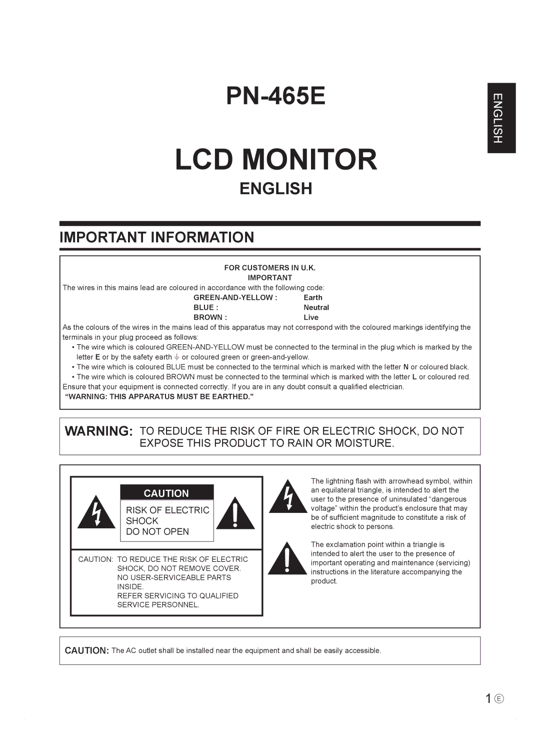 Sharp PN-465E operation manual For Customers in U.K, GREEN-AND-YELLOW Earth Blue Neutral Brown Live 