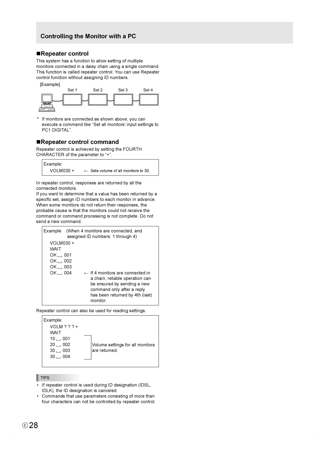 Sharp PN-465E operation manual Controlling the Monitor with a PC Repeater control, Repeater control command 