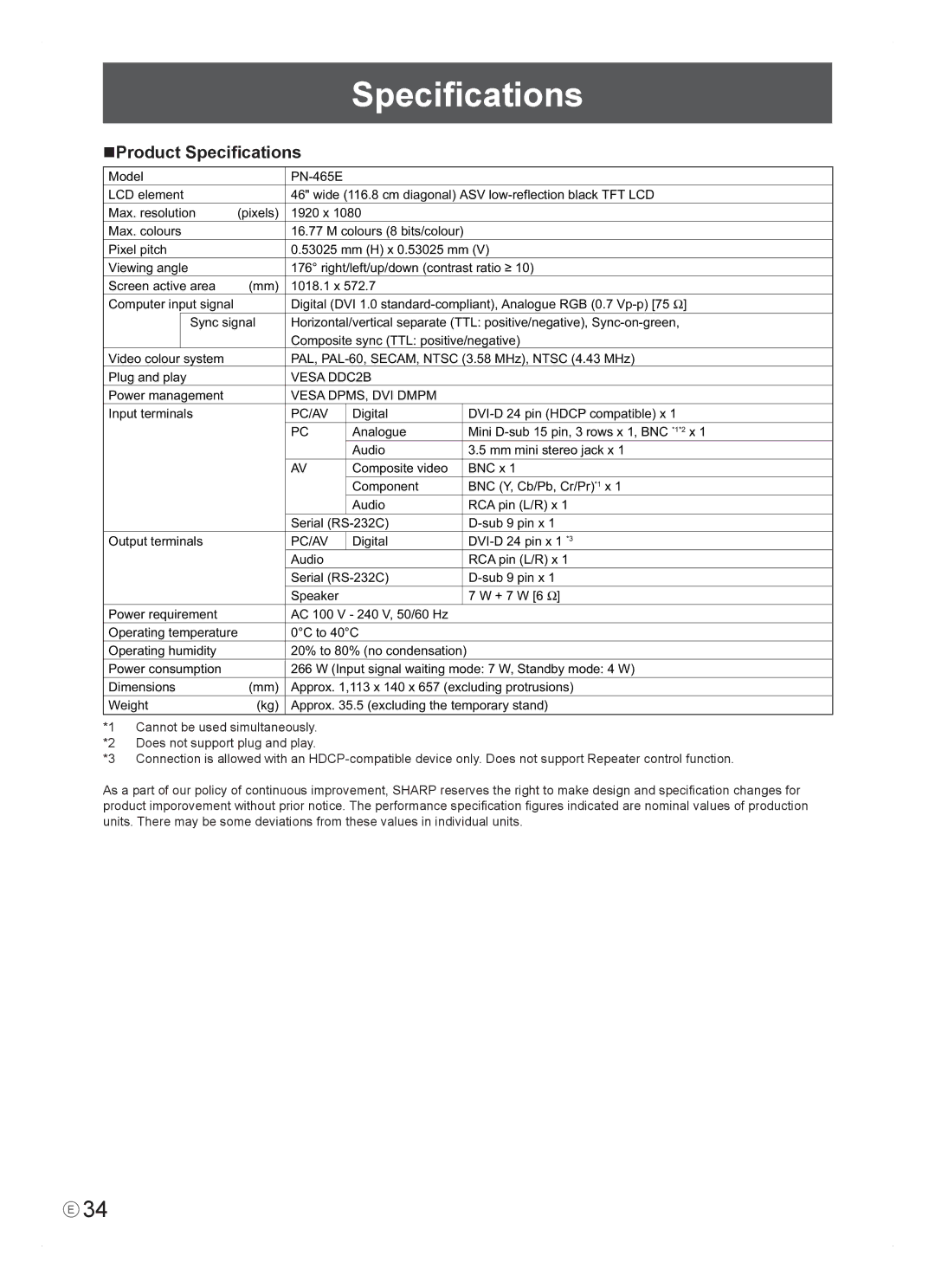 Sharp PN-465E operation manual Product Speciﬁcations, Vesa DDC2B, Vesa DPMS, DVI Dmpm, Pc/Av 