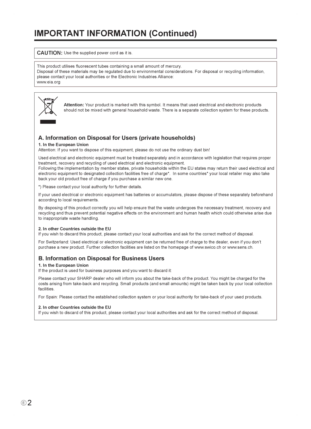 Sharp PN-465E Information on Disposal for Users private households, Information on Disposal for Business Users 