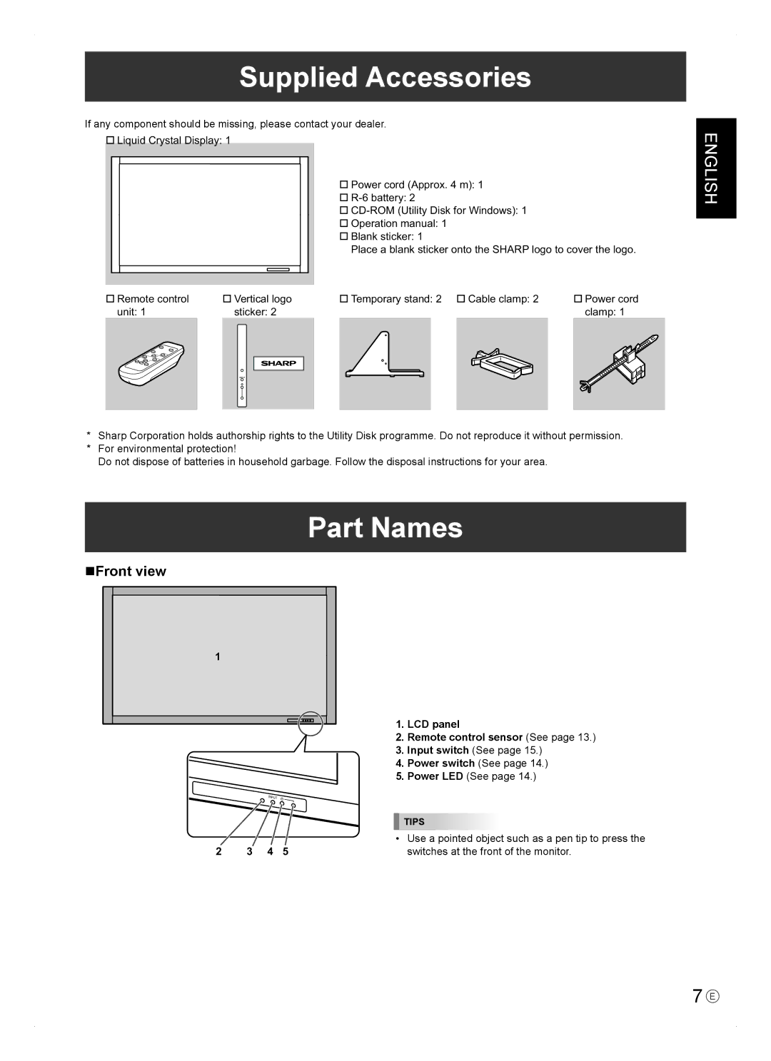 Sharp PN-465E operation manual Supplied Accessories, Part Names, Front view, LCD panel Remote control sensor See 