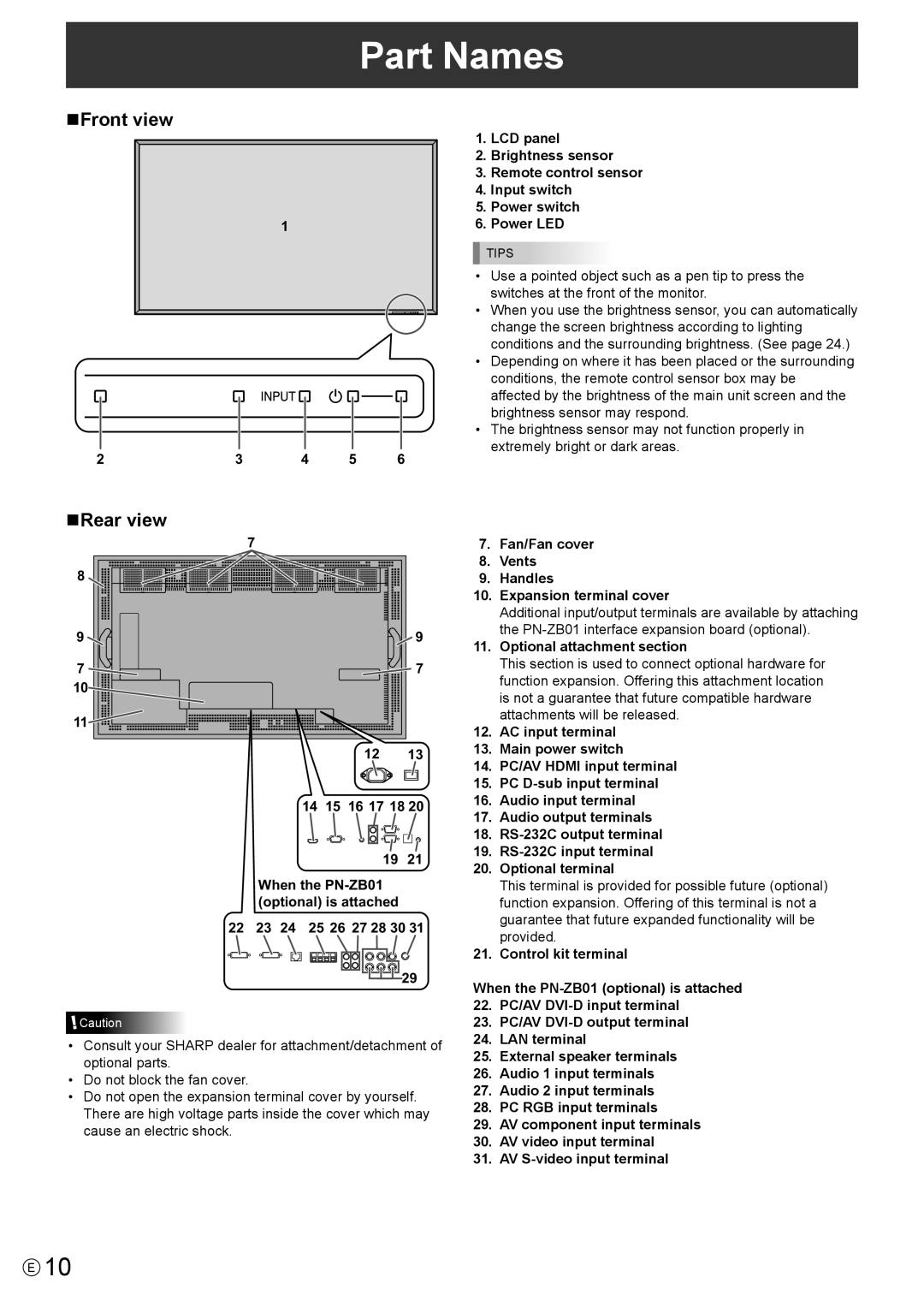 Sharp PN-A601, PNA601 operation manual Part Names, NFront view, NRear view 