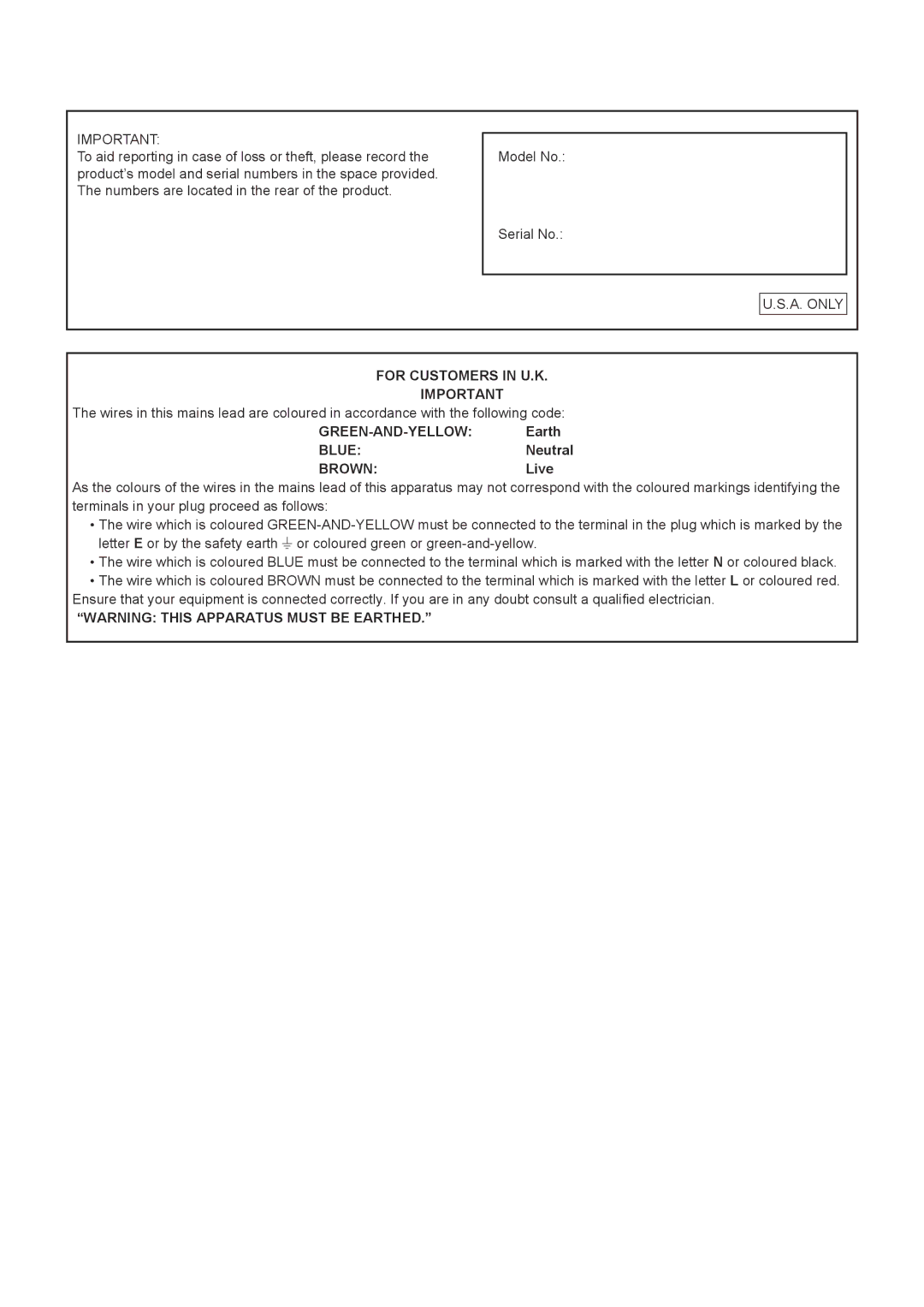 Sharp PN-A601, PNA601 operation manual For Customers in U.K, Green-And-Yellow, Blue, Brown 