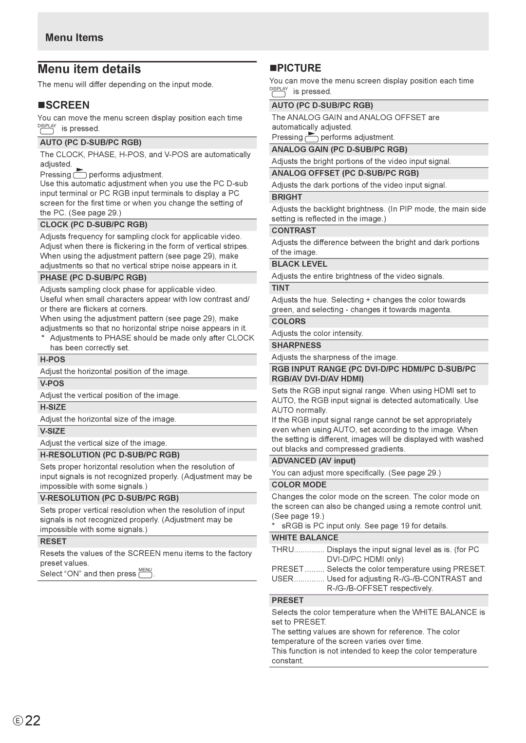 Sharp PN-A601, PNA601 operation manual Menu item details, Menu Items, Nscreen, Npicture 