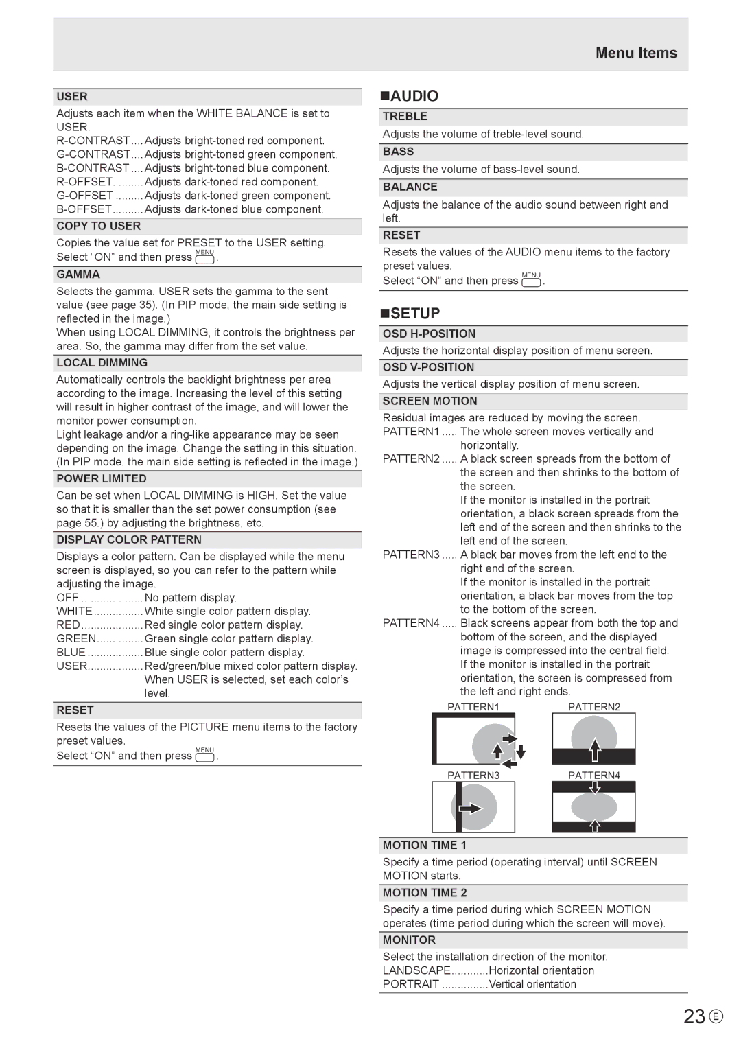 Sharp PNA601, PN-A601 operation manual 23 E, Menu Items NAUDIO, Nsetup 