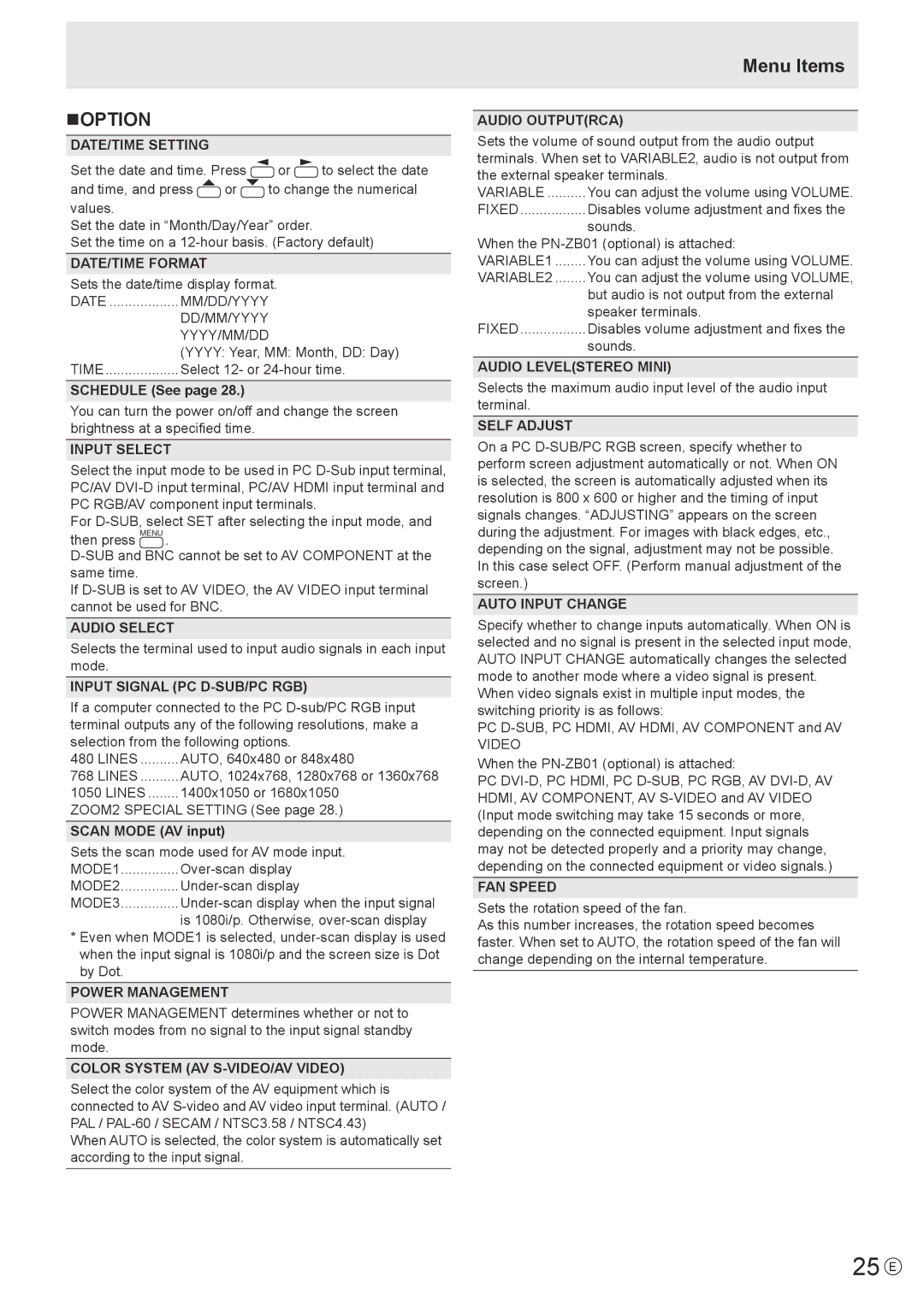 Sharp PNA601, PN-A601 operation manual 25 E, Noption 