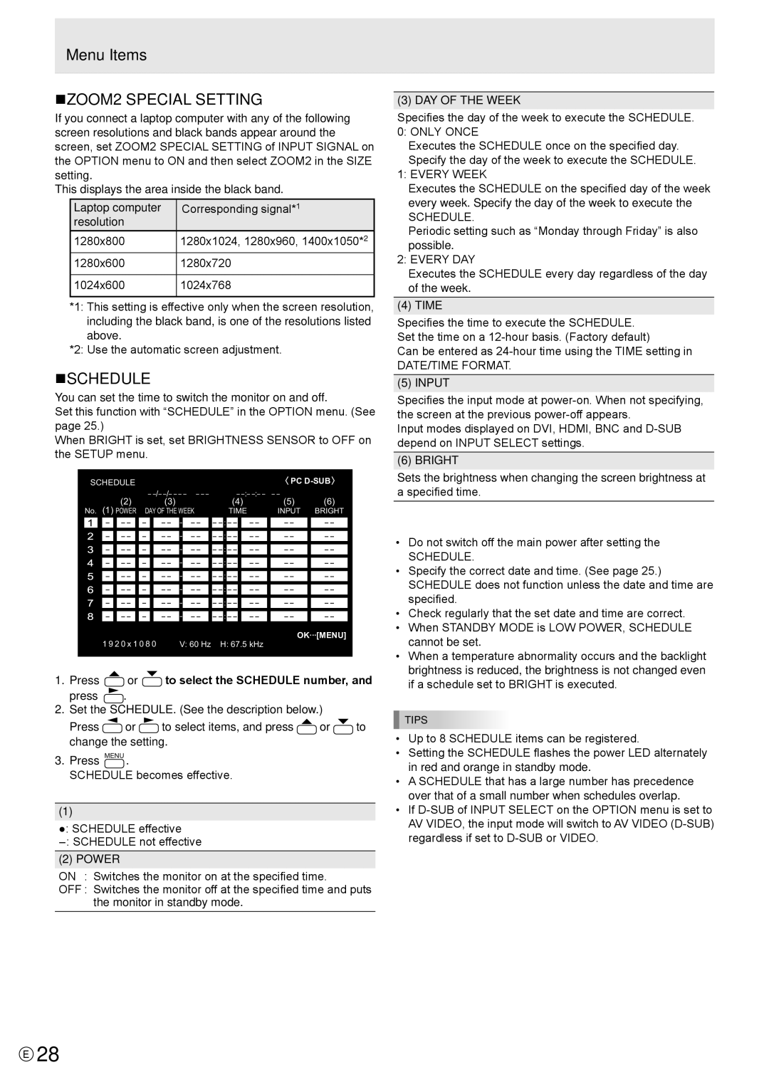 Sharp PN-A601, PNA601 operation manual Menu Items NZOOM2 Special Setting, Nschedule, Power, DAY of the Week, Input 