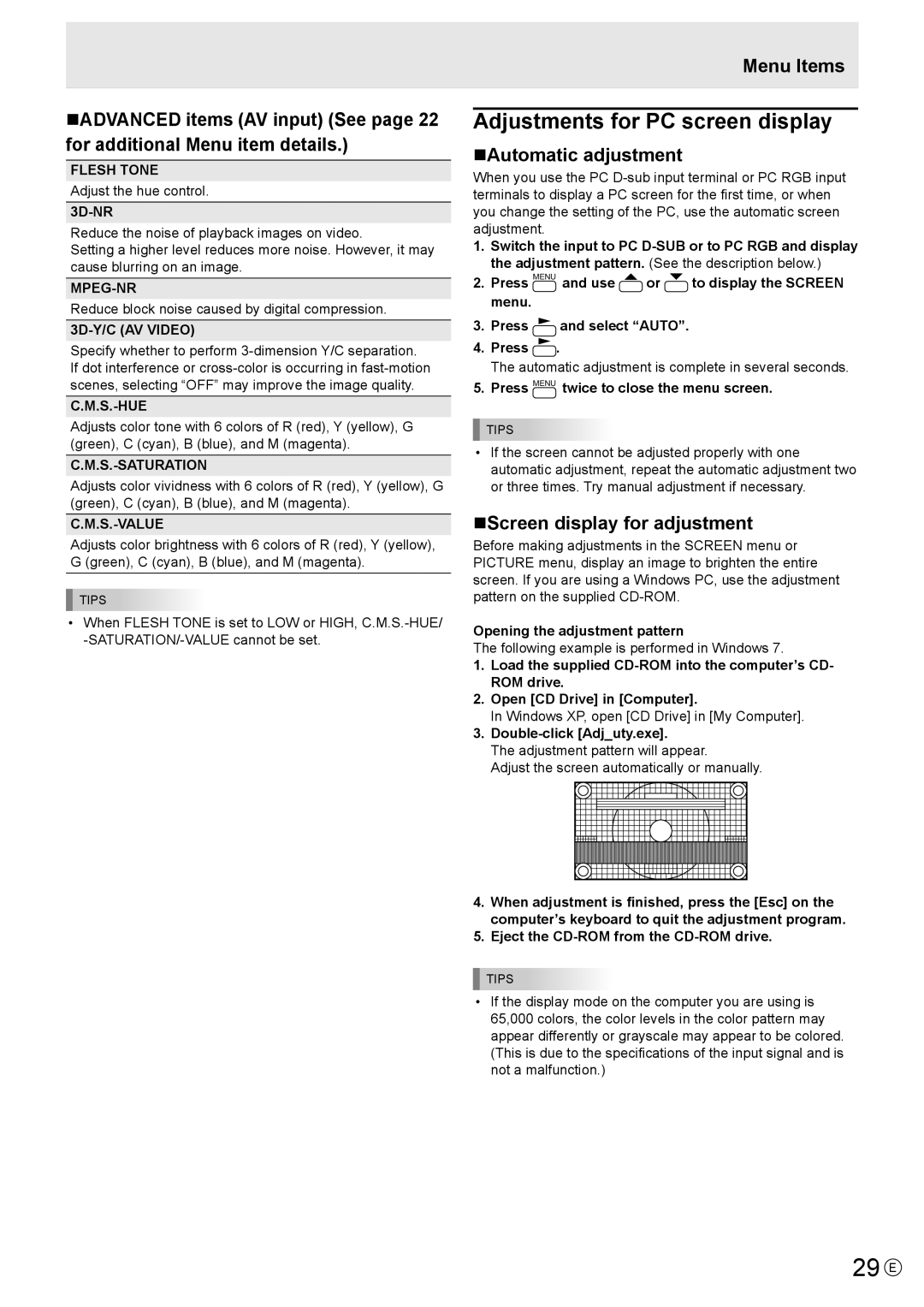 Sharp PNA601, PN-A601 29 E, Adjustments for PC screen display, NAutomatic adjustment, NScreen display for adjustment 