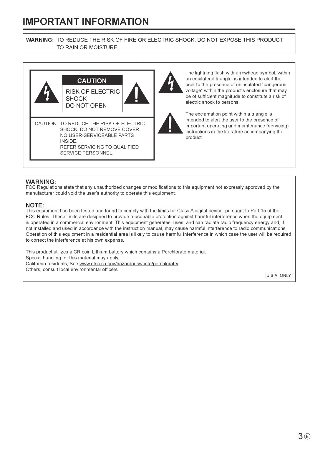 Sharp PNA601, PN-A601 operation manual Important Information, Refer Servicing to Qualified Service Personnel 