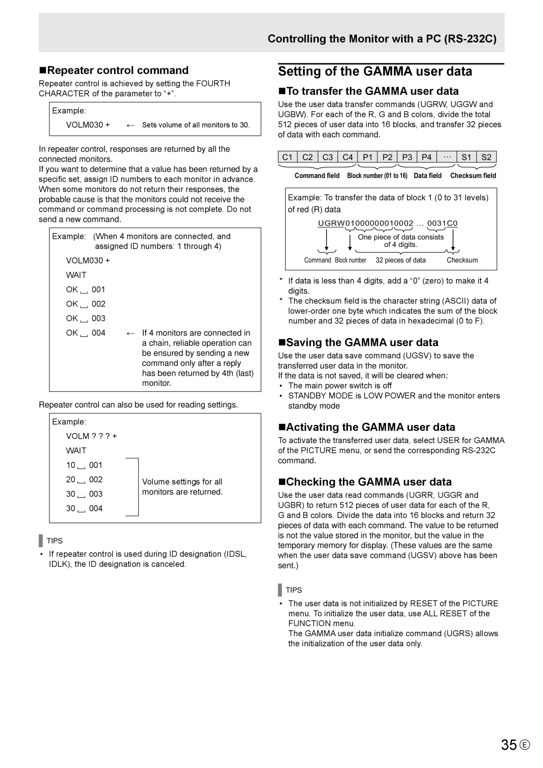 Sharp PNA601, PN-A601 operation manual 35 E, Setting of the Gamma user data 