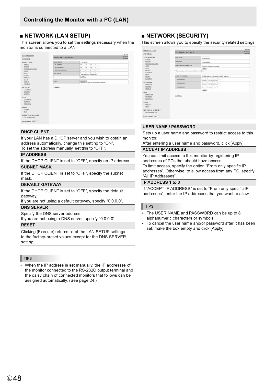 Sharp PN-A601, PNA601 operation manual DNS Server, User Name / Password, Accept IP Address, IP Address 1 to 