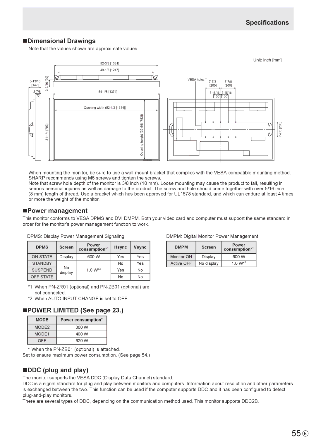 Sharp PNA601 55 E, NDimensional Drawings Specifications, NPower management, NPOWER Limited See, NDDC plug and play 